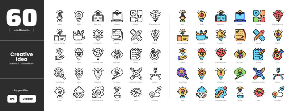 Creative idea icon set collection - colored outline line art style. Book light bulb brainstorming coffee creative cloud idea work creativity eye color goal hand process laptop note pencil ruler