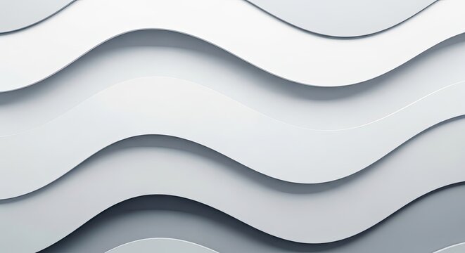 Smooth white and light gray flowing waves gently undulate across a minimalist Abstract Background Concept Design