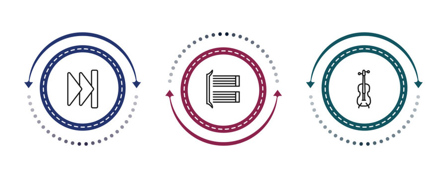 outline music and media icons set - skip, bracket, cello. editable vector for web and mobile ui