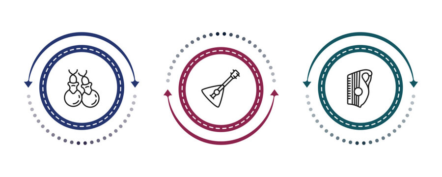 outline music icons set - castanets, balalaika, zither. editable vector for web and mobile ui