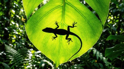 Fototapeta premium A lizard is resting on a leaf during a beautiful sunset in a tropical forest.