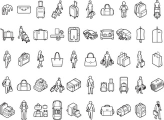Obraz premium A collection of travel icons, luggage, and suitcases, offering a comprehensive set of illustrations for design, travel, and adventure-themed projects.