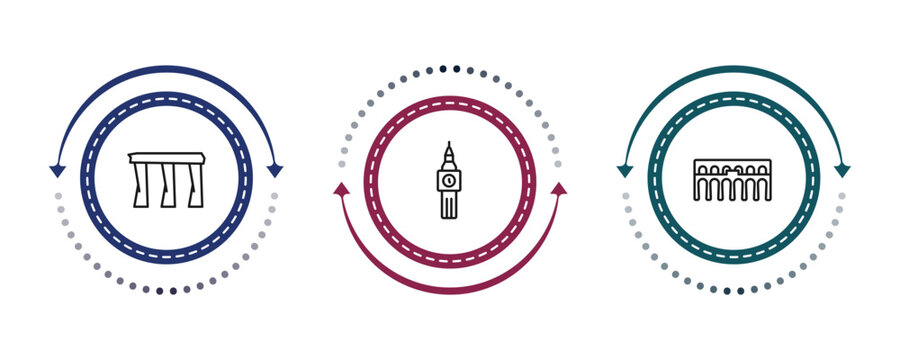 outline monuments icons set - bay, the clock tower, segovia aqueduct. editable vector for web and mobile ui