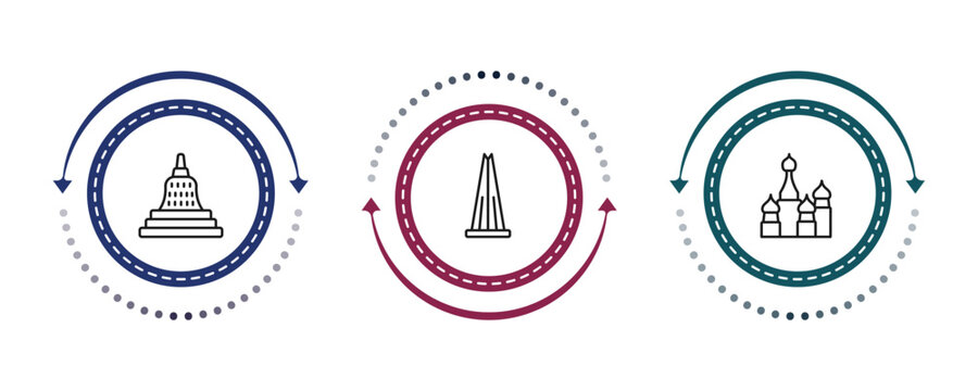 outline monuments icons set - borobudur, the, russia. editable vector for web and mobile ui