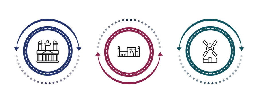 outline monuments icons set - petra, id kah mosque, kinderdijk windmills. editable vector for web and mobile ui