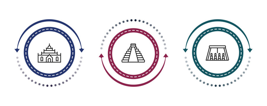 outline monuments icons set - thatbyinnyu temple, maya pyramid, abu simbel. editable vector for web and mobile ui