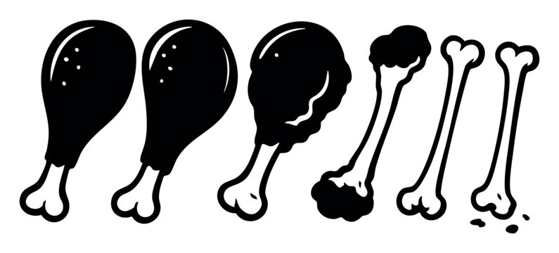 Graphic sequence illustrating the process of eating a chicken drumstick, from full meat to bare bone