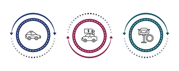 Obraz premium outline mechanicons icons set - taxi facing left, car for sale, changing car tire. editable vector for web and mobile ui