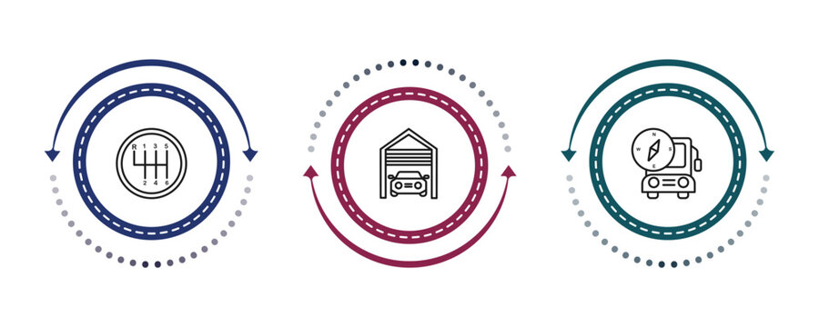 outline mechanicons icons set - driving gear controls, car inside a garage, bus with a compass. editable vector for web and mobile ui