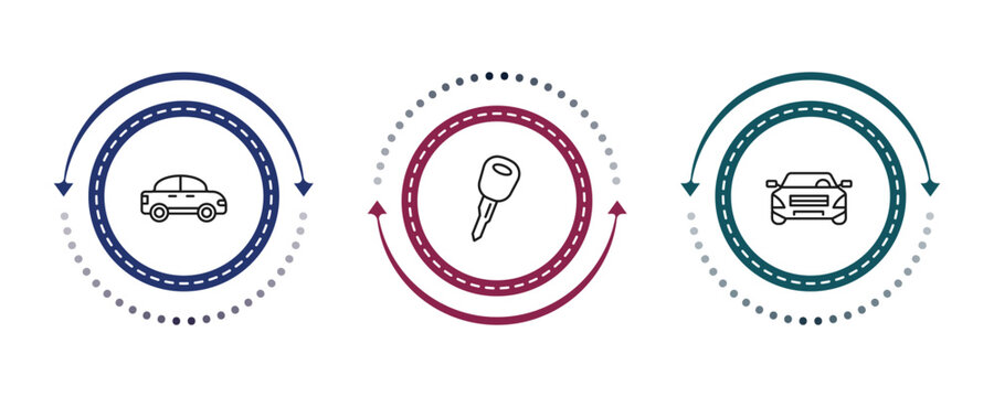 outline mechanicons icons set - small car, car key, rectangular car. editable vector for web and mobile ui