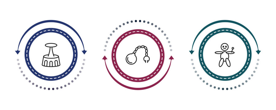 outline magic icons set - acrobatic, fetters, voodoo doll. editable vector for web and mobile ui