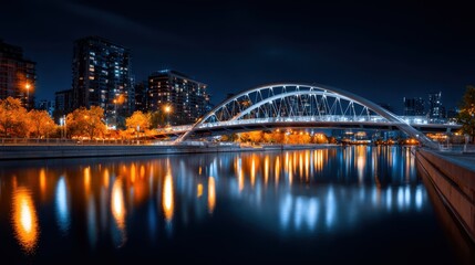 Fototapeta premium Beautifully illuminated arch bridge over a calm city canal with vibrant reflections of urban lights at night