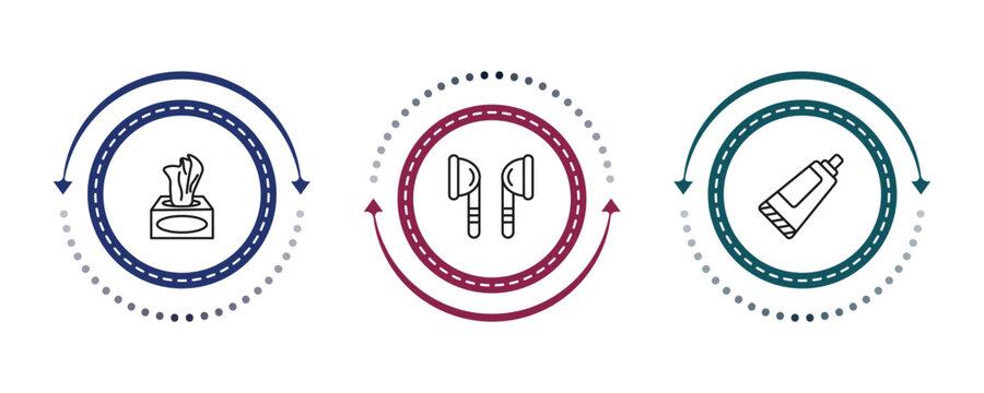 outline hygiene icons set - tissues, ear buds, tooth paste. editable vector for web and mobile ui