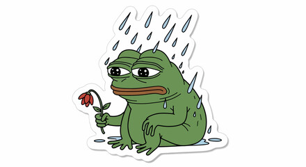 Fototapeta na wymiar Sad Frog Holding Red Rose.
