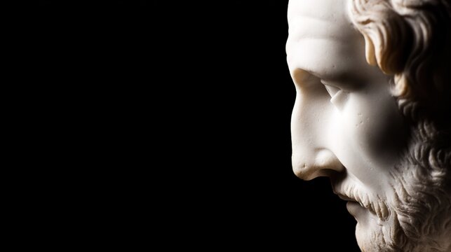 philosopher. Classical marble bust of a philosopher with dramatic side lighting on a dark background. event programs, museum guides, designed for cultural heritage projects and event programs.
