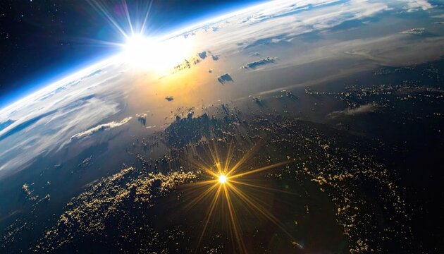 A breathtaking global perspective of Earth from outer space, showcasing its majestic curvature and delicate atmosphere, brilliantly illuminated by a stunning dual solar glow