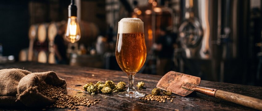 Glass of fresh craft beer with foam head on rustic wooden table in brewery with hops malt and vintage metal shovel equipment