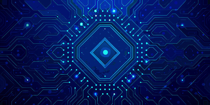 Abstract blue circuit board pattern with glowing central diamond shape and hexagonal elements high quality