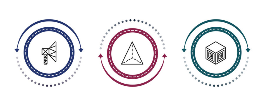 outline geometric figure icons set - polygonal megaphone, tetrahedron, side to side of a cube. editable vector for web and mobile ui