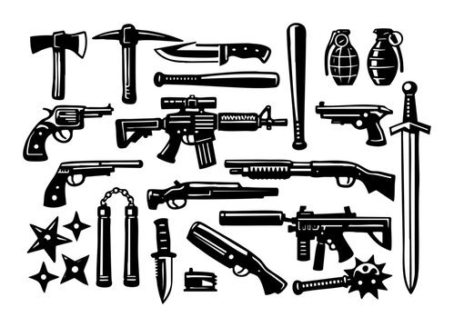Assortment of different weapons featuring guns, knives, and clubs