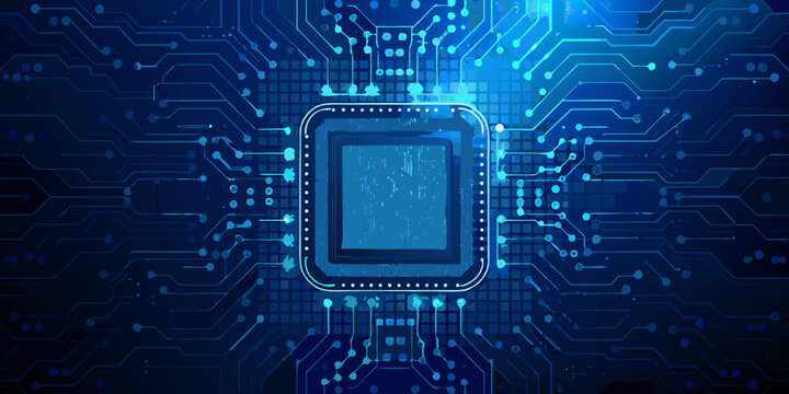 Central glowing microchip with blue circuit board pattern digital technology background high quality professional detailed