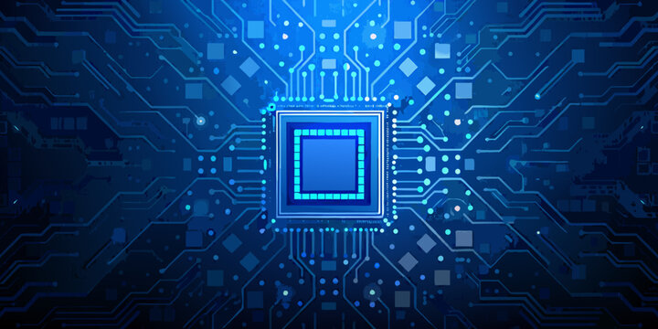 Central glowing microchip with blue circuit board pattern technology background illustration high quality professional detailed