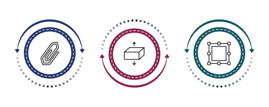 outline geometric figure icons set - attach, flatten, bounding box. editable vector for web and mobile ui