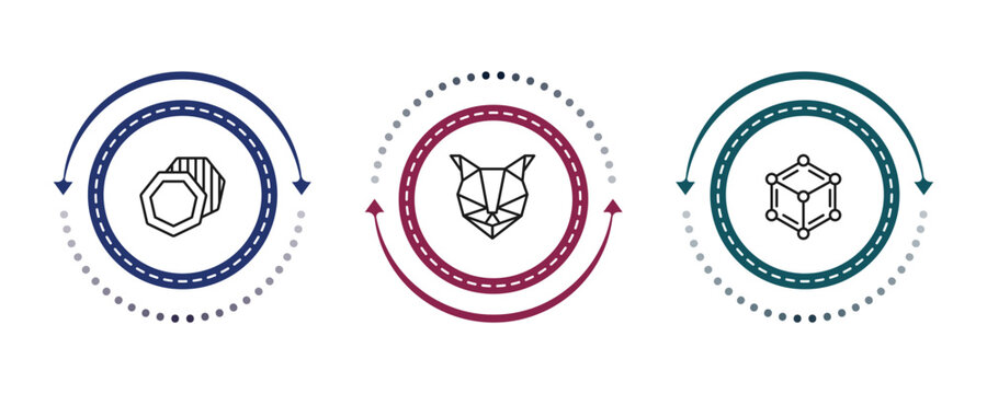 outline geometry icons set - background, polygonal cat, metatron cube. editable vector for web and mobile ui
