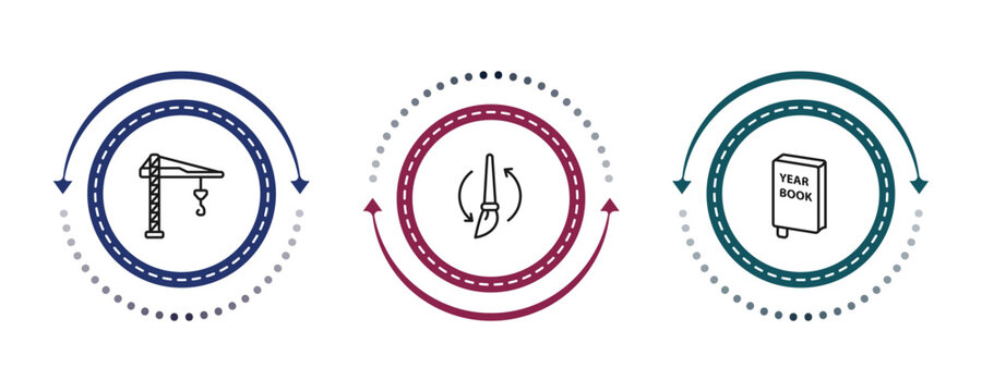 outline general icons set - building crane, brush history, yearbook. editable vector for web and mobile ui