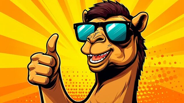 Cool Cartoon Camel Wearing Sunglasses Giving Thumbs Up Gesture on Pop Art Background