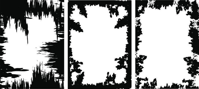 Abstract black grunge frame set with distressed borders and ink splattered edges