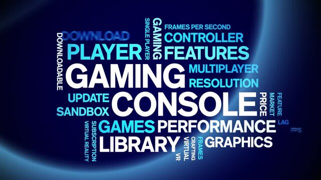 Gaming Console animated word cloud-gross domestic product animation tag kinetic typography seamless loop.