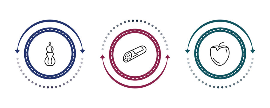 outline gastronomy icons set - salt shaker, salami, persimmon. editable vector for web and mobile ui
