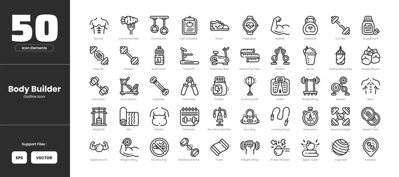 Body builder icon set collection - colored outline line art style. Apple muscle towel back muscles barbell curl bar trap shaker bottle boxing gloves punching bag carrot diet schedule dumbbell gym