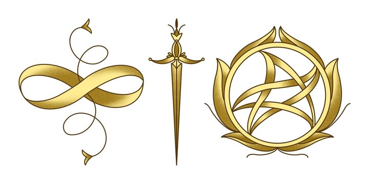 Golden tarot symbols the lemniscate, sword and pentacle illustrations