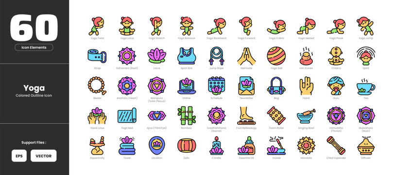Yoga  icon set collection - colored outline line art style. Zafu ajna bag bamboo beads candle chakra chest expander diffuser equanimity essential oil foam roller guru lotus hot stones incese jump rope