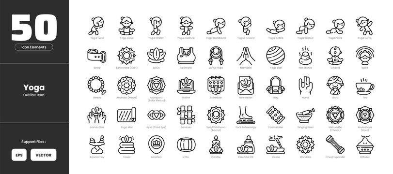 Yoga  icon set collection - colored outline line art style. Zafu ajna bag bamboo beads candle chakra chest expander diffuser equanimity essential oil foam roller guru lotus hot stones incese jump rope