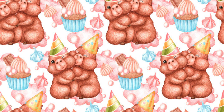 Two capybaras in party hats kissing. Surrounded by cupcakes, marshmallows and pink clouds. Seamless watercolor pattern isolated from background. Perfect for textile, wrapping paper, wallpaper 