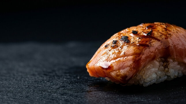 Artisan Gastronomy: Macro Shot of Seared Fatty Salmon Sushi (Aburi) with Melting Fat and Soy Sauce Glaze