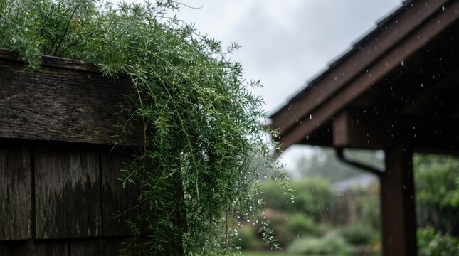 Rainy day scene with lush greenery on wooden structure
