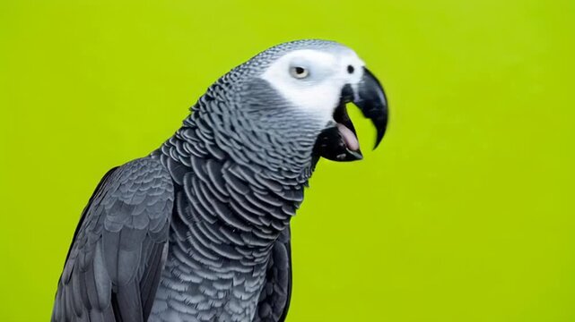 African Grey Parrot Yawning or Vocalizing with Open Beak on a Vibrant Green Background