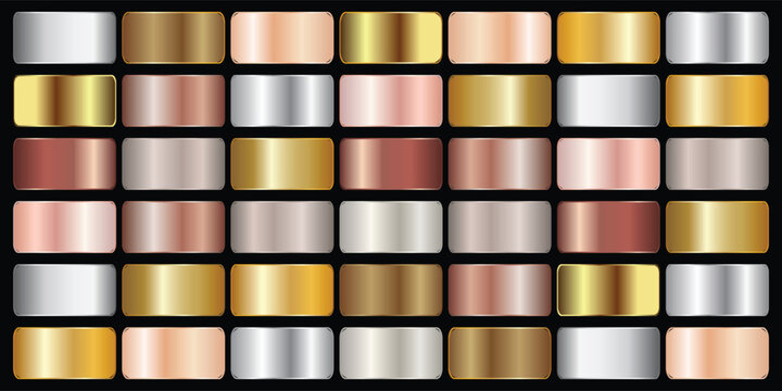 Gold rose, silver, bronze, copper and golden foil texture gradation background set. Vector shiny and metalic gradient collection for border, frame, ribbon, label design