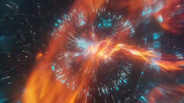Cinematic warp speed travel through a glowing cosmic wormhole in deep space