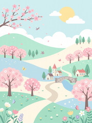 Obraz premium Cute spring landscape illustration with blooming cherry blossom trees, a small village, a stone bridge, and a winding path in a soft pastel color palette.