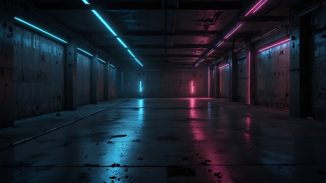 Dark industrial concrete bunker interior with cyberpunk futuristic neon strip lights illuminating an empty damp corridor parking garage with glowing pink and blue electronic charging terminals