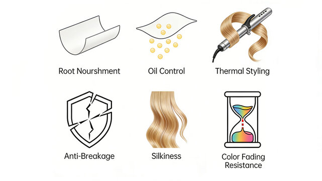 Presenting icons such as root nourishment, oil control and anti breakage, and thermal styling protection, representing professional hair care and styling concepts from roots to tips.
