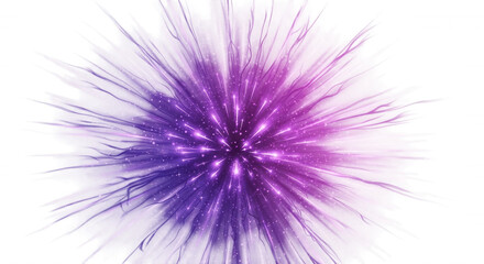 Fototapeta premium Abstract purple and white starburst explosion with radiating light streaks and glowing particles on a solid black background