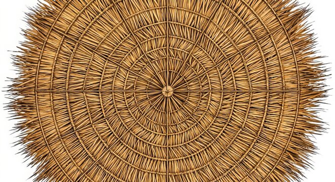 Top View of a Circular Straw Parasol with Radial Pattern and Natural Texture