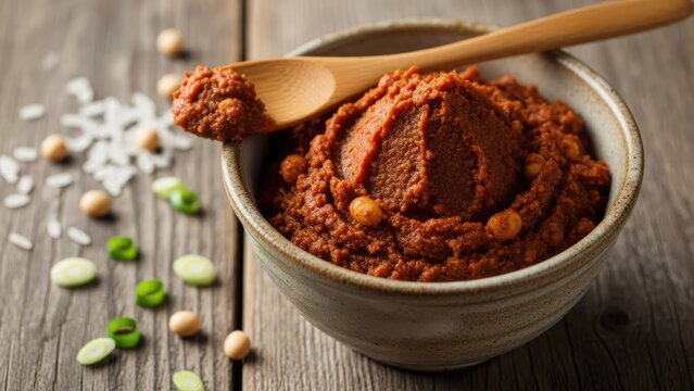 Bowl of spicy ground seasoning with wooden spoon on wooden table