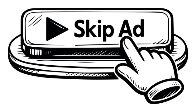 Hand cursor clicking Skip Ad button, navigating user interface to bypass advertising